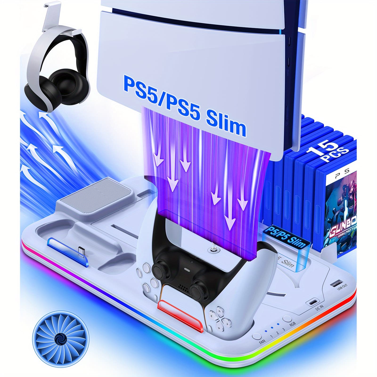 TEMU For Ps5 Stand Cooling Fan For Ps5 Slim, & Disc Stand And Cooling Station With Controller Charging Station For Ps5 Slim, For Ps5 Accessories Rgb Light, 15 Game Storage