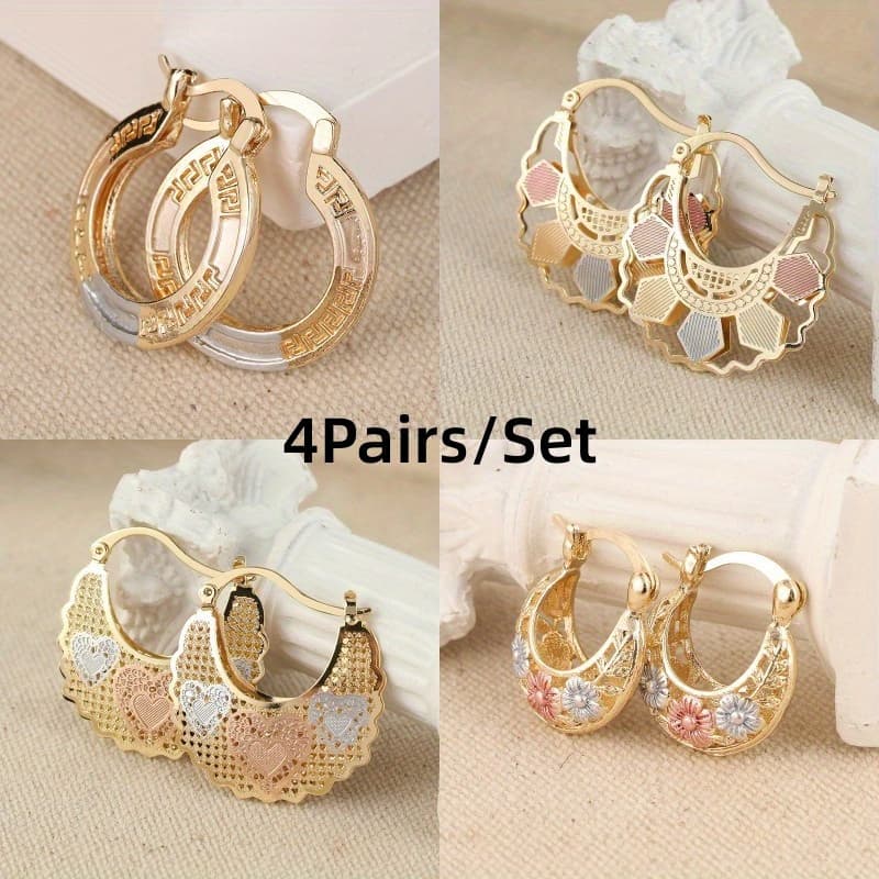 TEMU 4pairs/ Set Trendy Golden Plated Hollow Out Heart Flowers Hoop Earrings For Women Fashion Jewelry Accessories Wedding Party Aniversary Gift