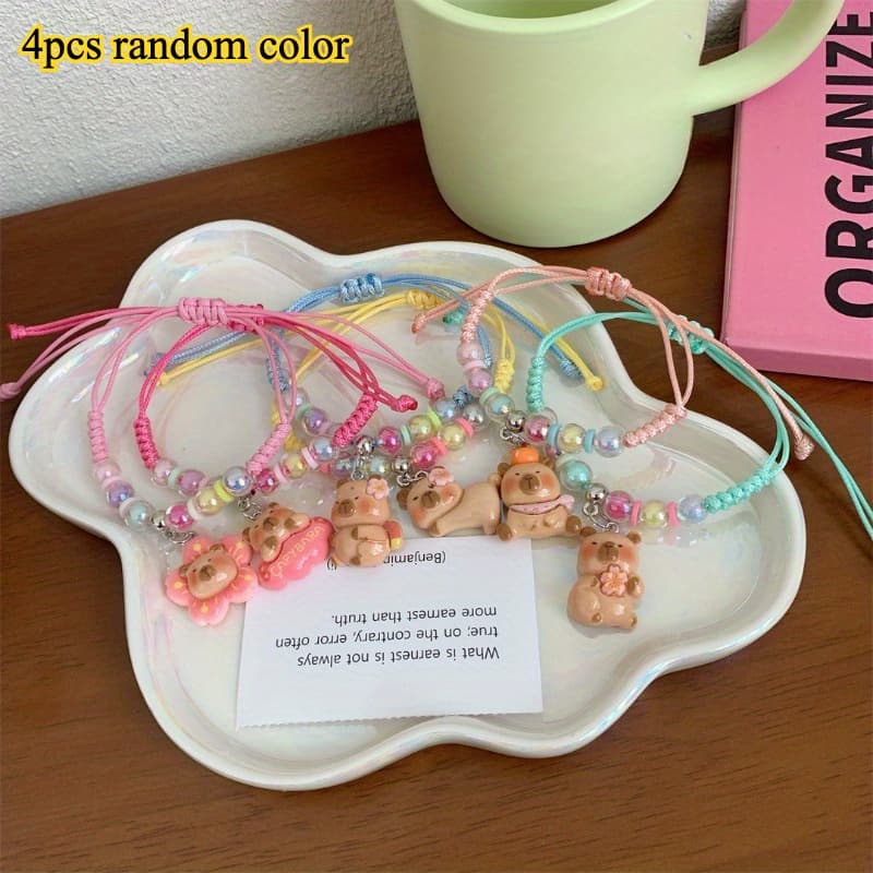 TEMU 4pcs Cute Capybara Bead Bracelet With Random Colors, Mixed Resin Beads, Animal Themed Floral Ornaments, And Multifunctional Jewelry