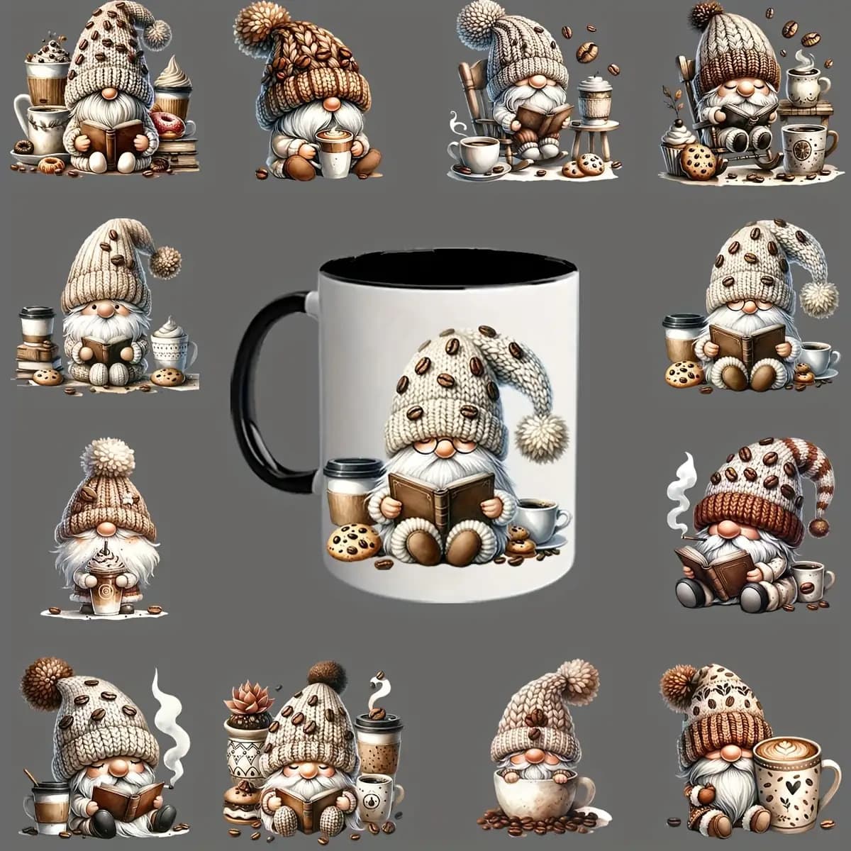 TEMU 12pcs Set Of Country Style Gnome Coffee Bean Stickers - Self-adhesive Uv Dtf Transfer Stickers For 40oz Tumblers, Mugs, Bottles - Mixed Colors Pvc Art Suitable For Crafts