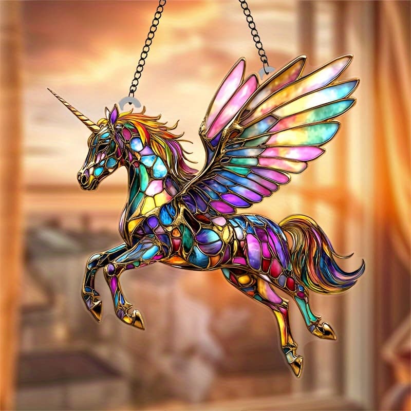 TEMU 2d Flat - 2d, 1pc Whimsical Winged Acrylic Unicorn Sun Catcher, With Sparkling Wings - Magical Animal Theme Hanging Decor For Garden And Living Room - Ideal Wedding Gift, No Power Needed