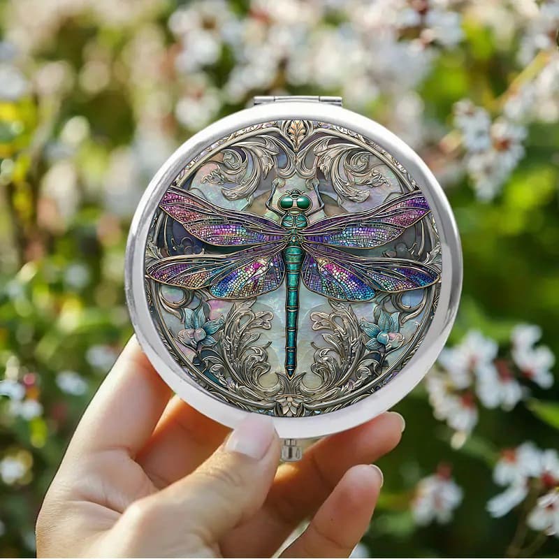 TEMU 1pc 2d Flat Vintage Makeup Mirror Featuring A Stained Glass Dragonfly With Iridescent Wings And An Ornate Metallic Border Against A Mother-of-pearl Background Perfect For A Wedding Gift