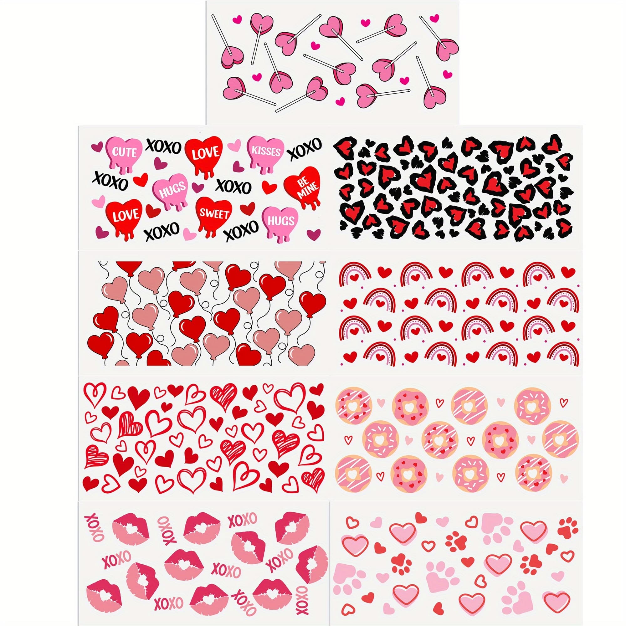 TEMU 9pcs Set Valentine's Day Heart-shaped Uv Dtf Transfer Suit, Suitable For Glass Cup-waterproof, Self-adhesive Diy, Pink/red/floral, 9.5 Inch X4.3 Inch- 16oz