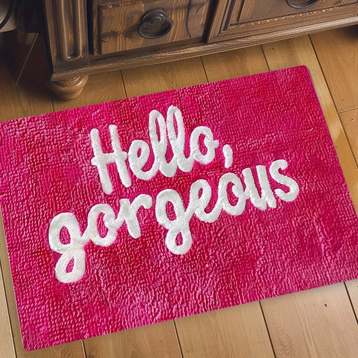 TEMU 1pc Pink Bath Mat- 100% Polyester Machine Washable Door Mat, Textured Non-slip Bedroom Bath Mat, Under Door Decoration, Gift For Parents, | Material Kitchen Rugs