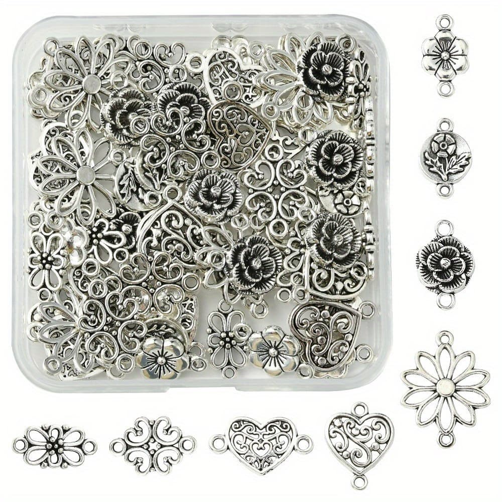 TEMU 64pcs 8 Styles Alloy Links/connectors, Mixed Shapes, Antique Silvery, 12~25x8~21x1.5~3.5mm, Hole: 1.5~2mm, 8pcs/style