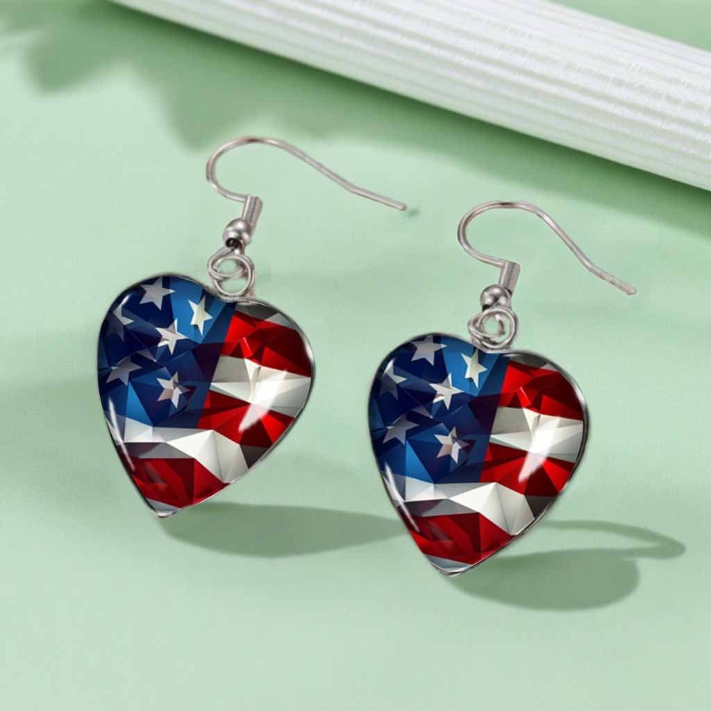 TEMU 1 Pair Of Unique Abstract Geometric "american Flag Heart-shaped Glass Cabochon Pendant Earrings Necklace - Patriotic Style Jewelry, Without Battery