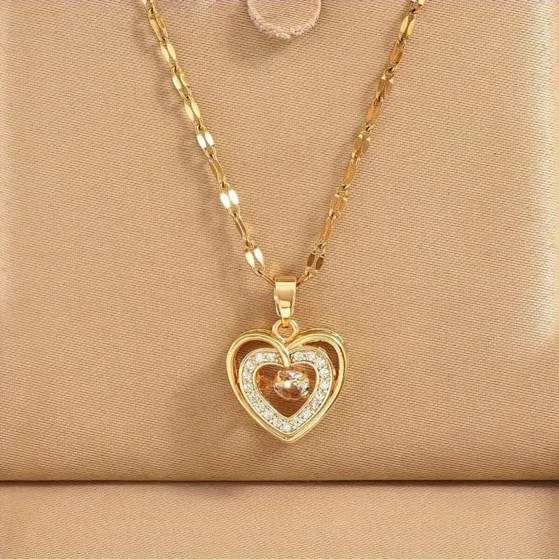 TEMU Elegant Heart Pendant Necklace - Stainless Steel With Cubic Synthetic Synthetic Zircon, Minimalist Dainty Jewelry Gift For Women