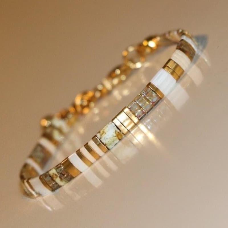 TEMU 2d Flat - Delicate Flat Beaded Bracelet For Women Daily Party Use And Gifts Beads Mix Golden Color Bead Chain Stacking Bracelets Adjustable Cord