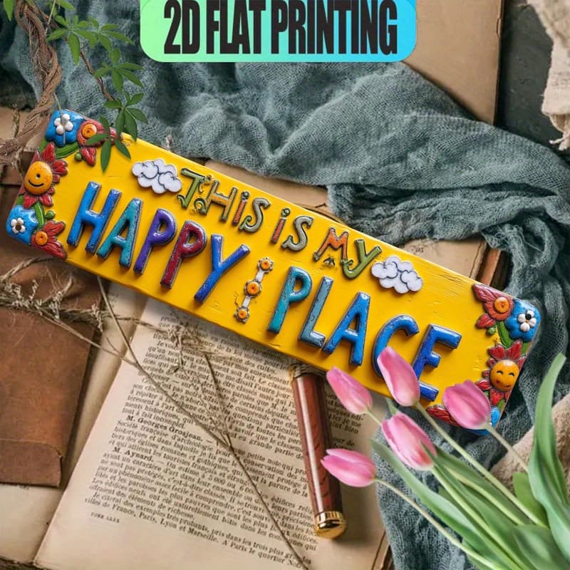 TEMU 2d Flat, Large Retro Style " Happy " Wall Sign - , Clouds, And Flowers Decorative Plaque With Colorful Letters, Art, Suitable For Cafes, Offices - Room Decor Gift