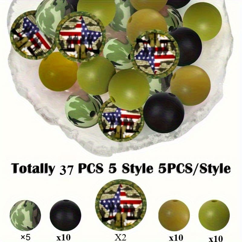TEMU 37pcs Of Camouflage Green And Charcoal Round Beads With , Suitable For Jewelry Creation, Bead Pens, Hanging Decorations, And Crafting