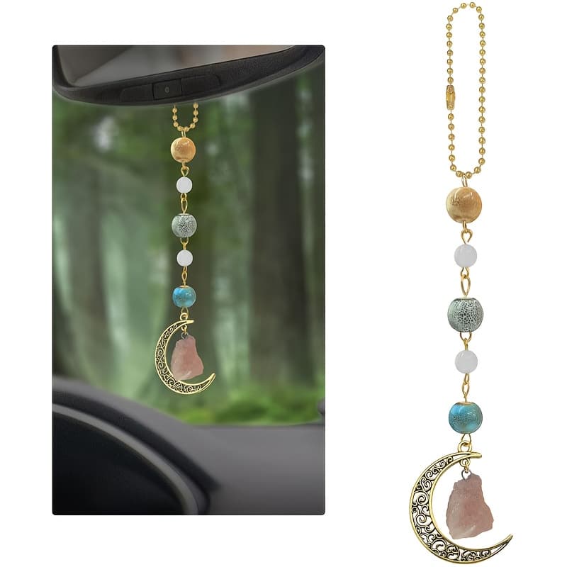 TEMU Bohemian Style Moon Hanging Ornament, Crystal Rearview Mirror Pendant, Women' Decoration, Cute Ceramic Accessories