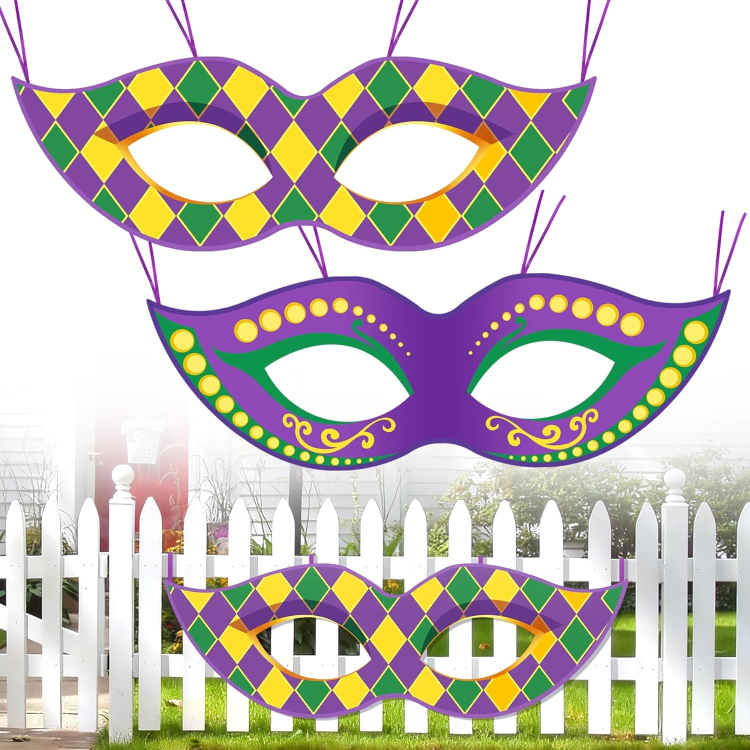 TEMU 2pcs Mardi Gras Mask Banner, Mardi Gras Porch Sign, Hanging Purple Green Backdrop Decoration For Party Indoor Outdoor Wall Front Door Fence Background Decor