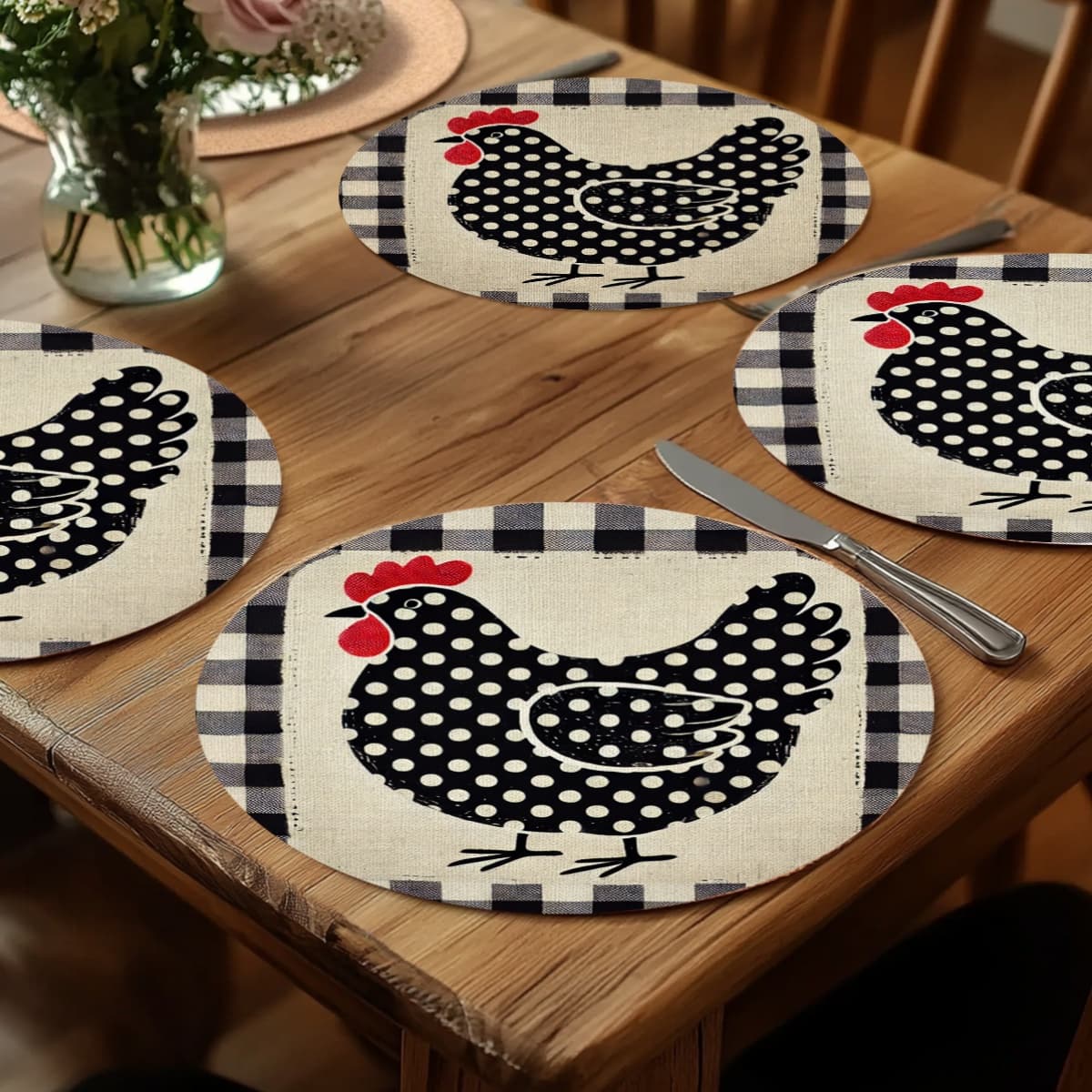 TEMU 4pcs 2d Flat Placemats, Rustic Farmhouse Chicken Pattern, Polka Dot Round With Design, Durable Fabric For Kitchen, Dining Room, 2d Flat