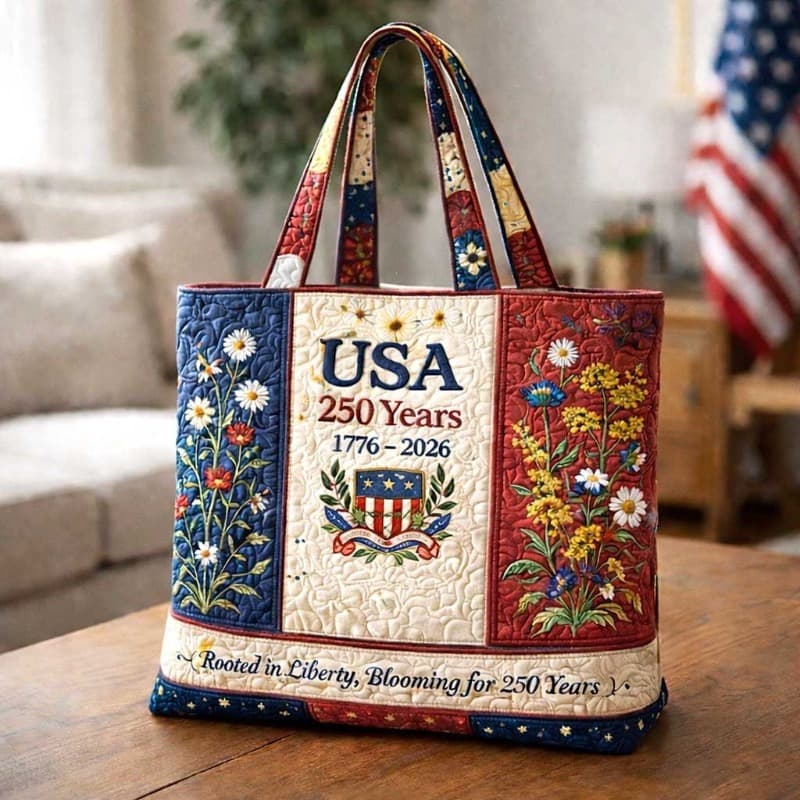 TEMU Years 1776-2026 Quilted Tote Bag In Patriotic Floral American Flag Shoulder Bag Reusable Shopping Bag Usa 250th Anniversary Gift For Women