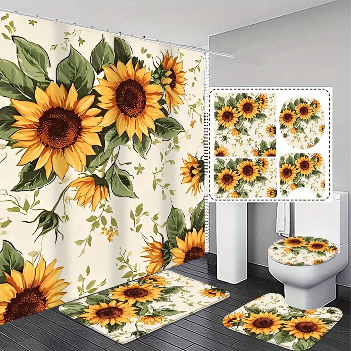 TEMU 2d Flat, 2d Flat, 4pcs Full Set, Sunflower Bathroom Decor Set - 2d Curtain And Non-slip And Toilet Lid Cover, Vibrant , Light Blocking, Anti-slip, Absorbent Exquisite And Decoration Gift
