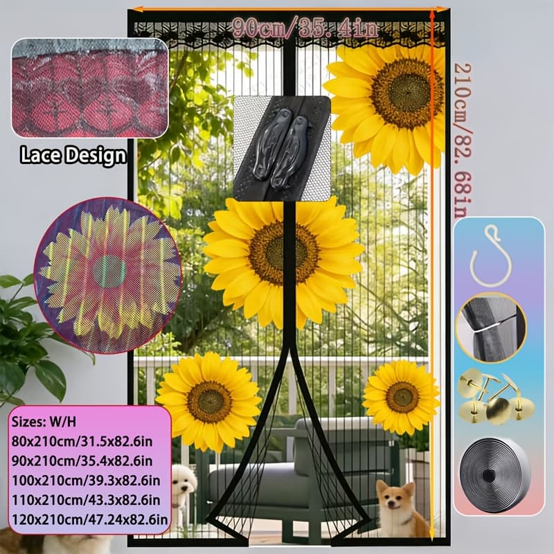 TEMU 1pc Magnetic Screen Door, Strong Magnets For , Blocks Mosquitoes Without Blocking Airflow.sunflower Print, Lace Edge, Storage Hook, Pet-friendly.for Entry Or Courtyard Doors.