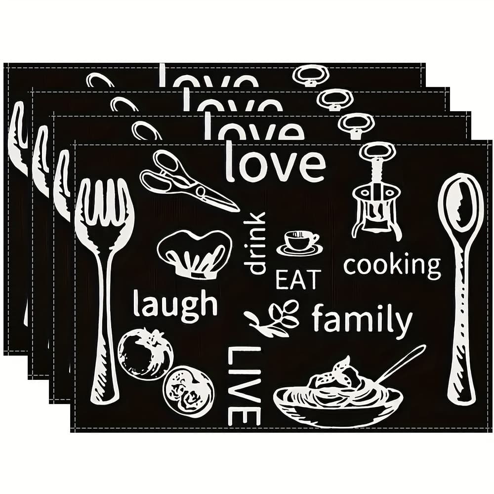 TEMU Of 4 Table Mats Featuring A Black And White Cutlery Design, Easy To , Stylish Placemats Suitable For Kitchens, Restaurants, And Hotels, Perfect For The Christmas Season
