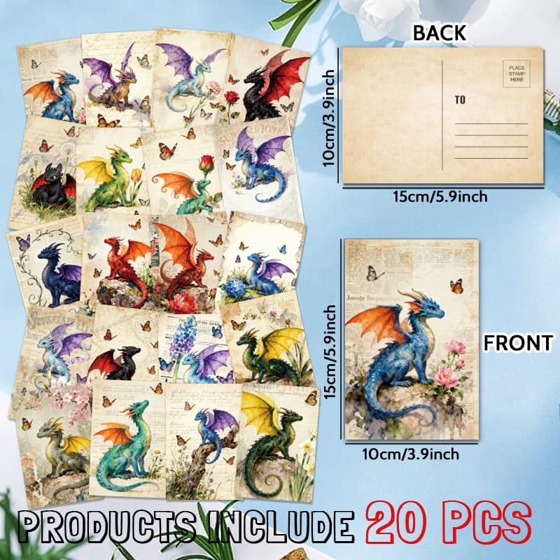 TEMU 20pcss Postcards - 20pcs Fantasy Dragon Postcards: Artwork Of Colorful Dragons In Scenes, Collectible Home Decor, Scrapbooking, Greeting Cards 4 X 6 Inches