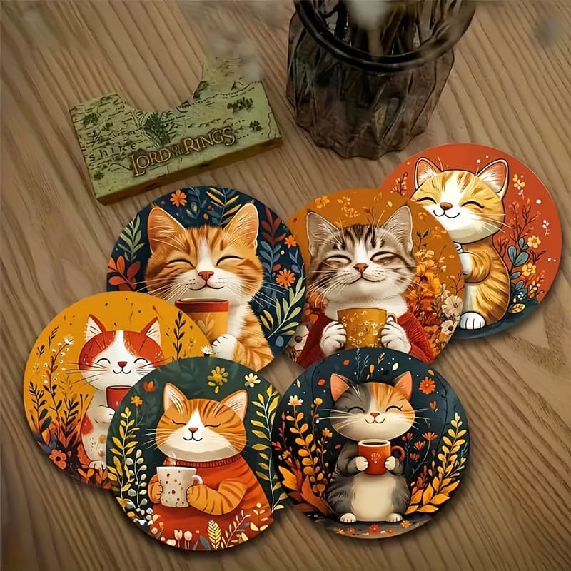 TEMU A Set Of 6 Wooden Heat-resistant Coasters Featuring Cat And Floral Designs, Ideal For Home, Cafes, And Afternoon Tea. Non-slip, Heat-resistant Coasters Make A Perfect Gift For The Holidays