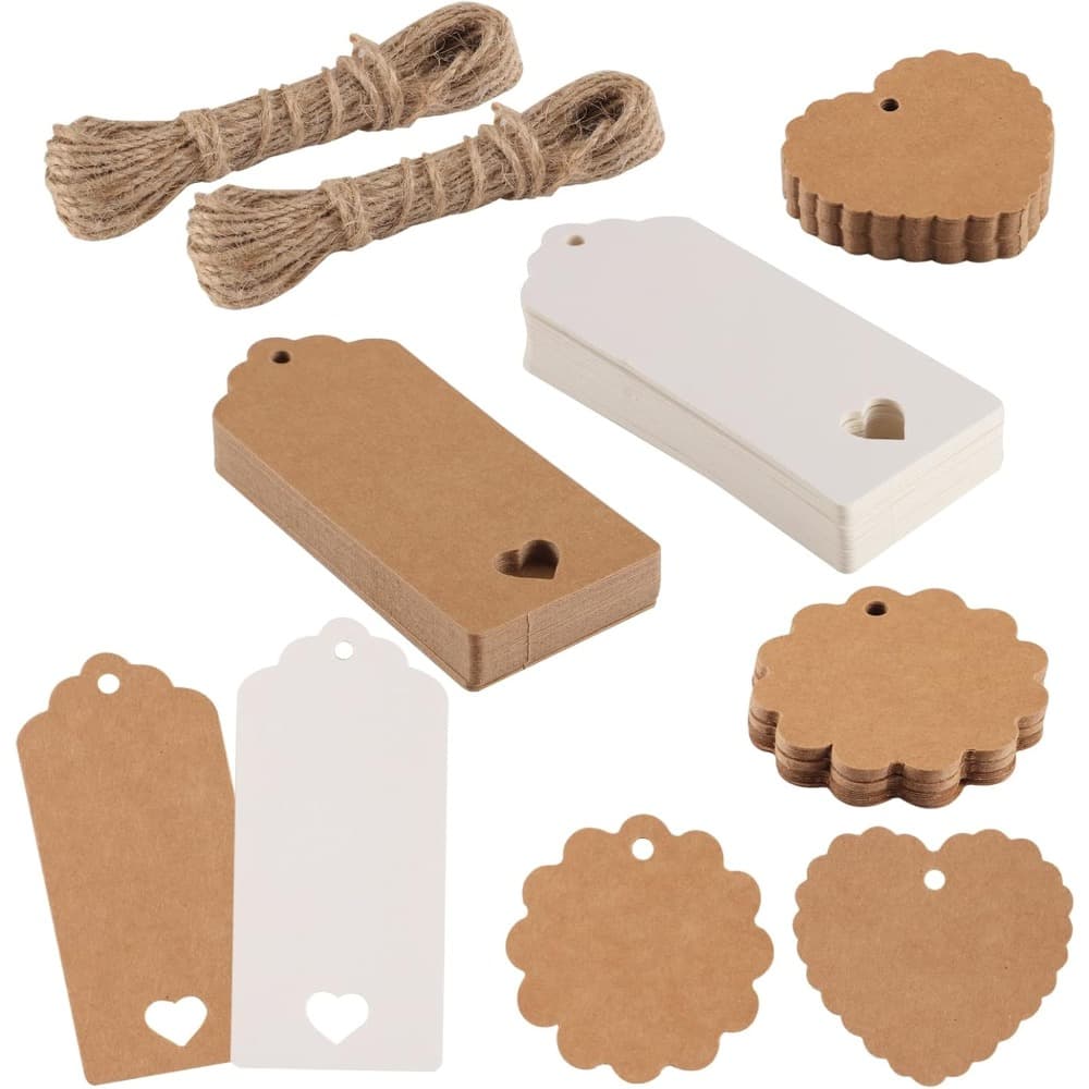 TEMU 100 Pack Paper Gift Tags With 16m Jute String - Handmade Label For Wedding, Birthday, And Holiday Gifts, Elegant Brown & Design, Durable & Stylish, Gift Wrapping Supplies