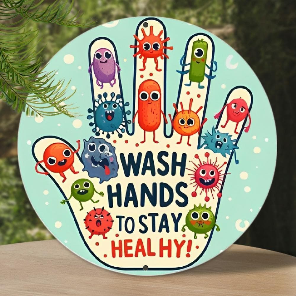TEMU Colorful Cartoon Aluminum Health Reminder Sign - "wash Hands To !" - Durable, Waterproof, Easy-to-clean Decor For Home, Bathroom, School Nurse Office, And Holiday Themes - Promotes And