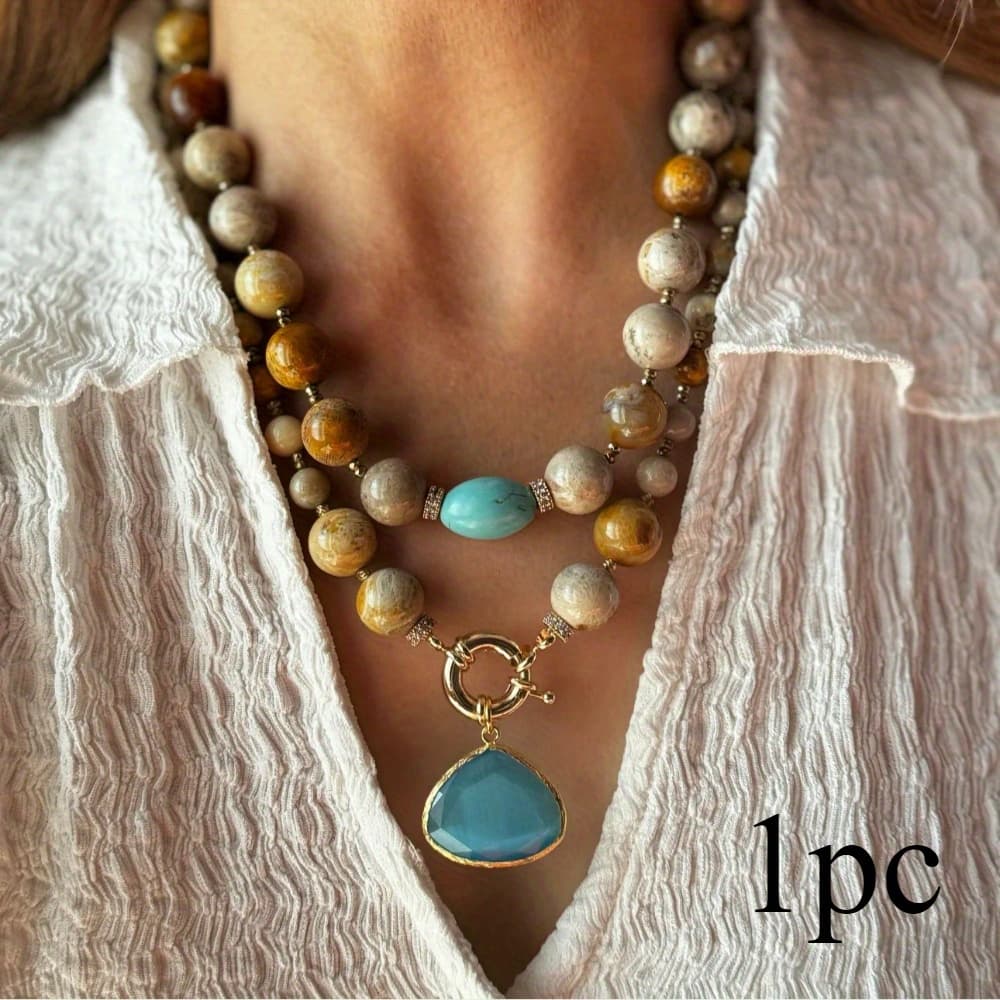 TEMU Classic Vintage Stacked Blue Turquoise & Golden-tone Bead Necklace With Teardrop Pendant - Layered Jewelry Gift For Women, Birthday Present, Everyday