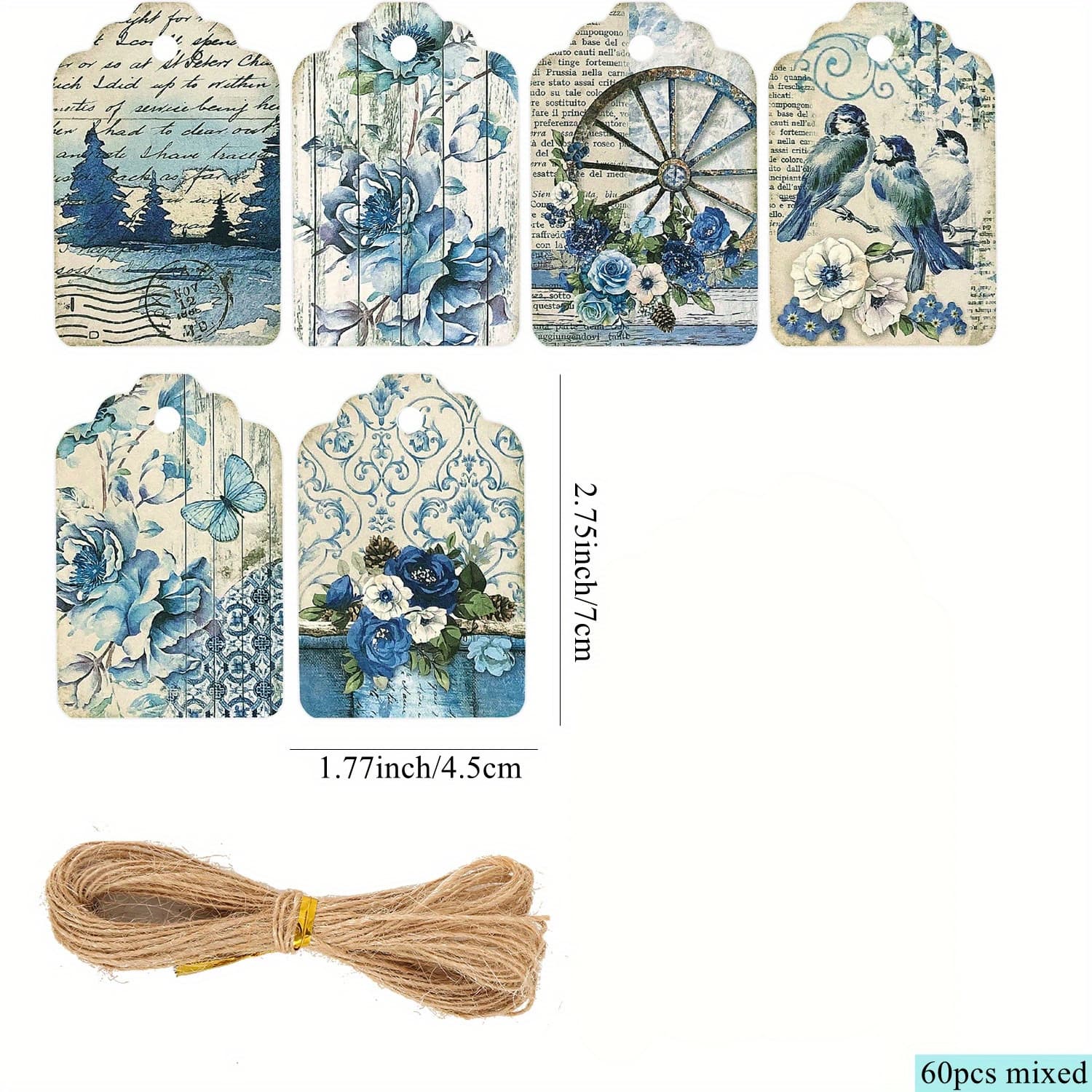 TEMU 60pcs/set Vintage Bird Floral Hanging Tags Paper Labels For Wedding Birthday Celebrating Party Decoration Gifts Packaging Supplies