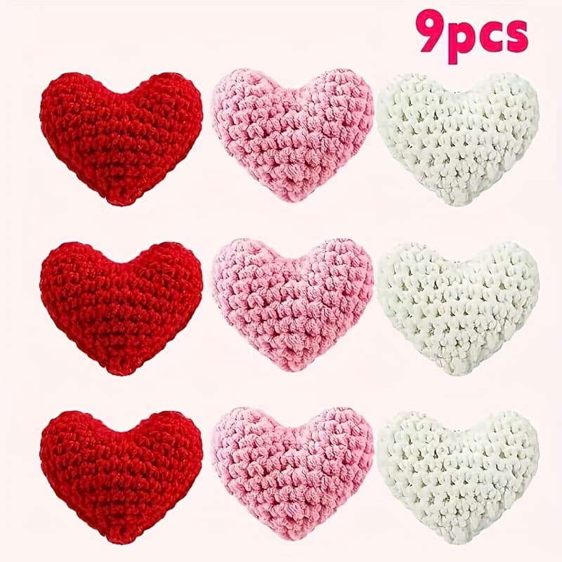 TEMU 9pcs Crochet Heart Ornaments | Red, Pink, White, No-string Design, Ideal For Valentine's Day, Christmas Tree, , Wedding Anniversary Decorations, Polyester Material