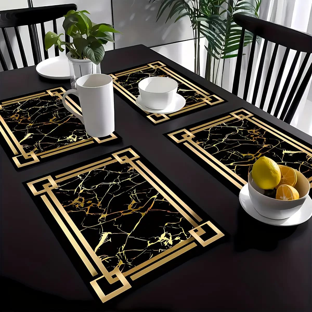 TEMU 4pcs Placemats Set - Elegant Table Mats With Pattern, Non-slip Rectangular Dining Table Protectors For Weddings, Anniversaries, Valentine's Day - Black & Tableware