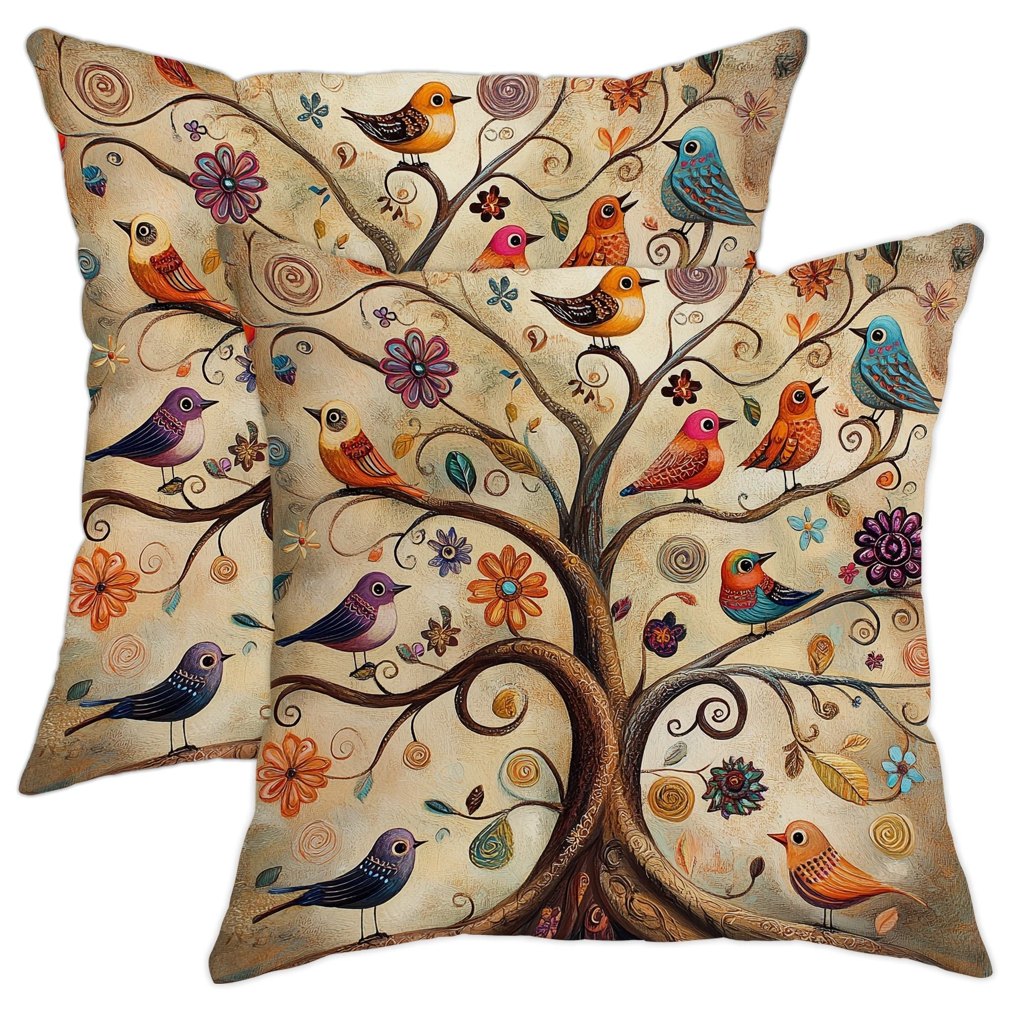 TEMU Set Of 2 Decorative Pillow Covers Featuring Branches And Colorful Birds, Measuring 18x18 Inches. Made From 100% Polyester With An Envelope Closure, Suitable For Sofas, Living Rooms