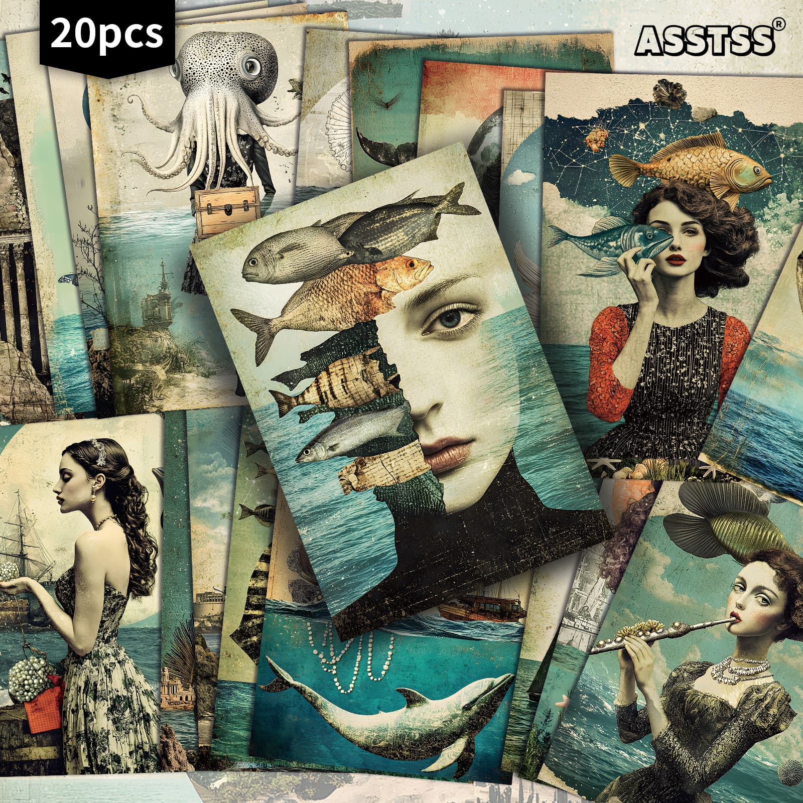 TEMU 20-pack Asstss Surreal Whimsical Ocean Collage Women, Cards - 4x6 Inches Junk Journal Paper, Classic Pinup Illustrations, Collectible Decorative Painting Cards For Scrapbooking & Crafting