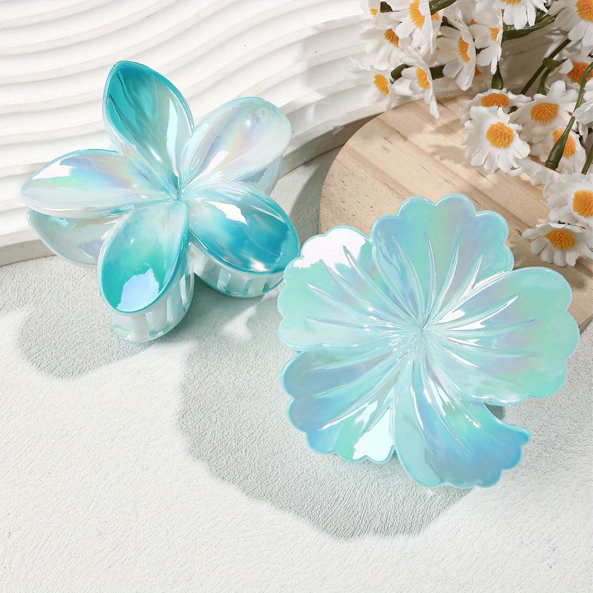 TEMU 2pcs Shell Flower Hair Claw Summer New Seaside Vacation Clip High-end Back Of Head Hair Additions Headdress Fashion Suitable For Beach Vacation Wear