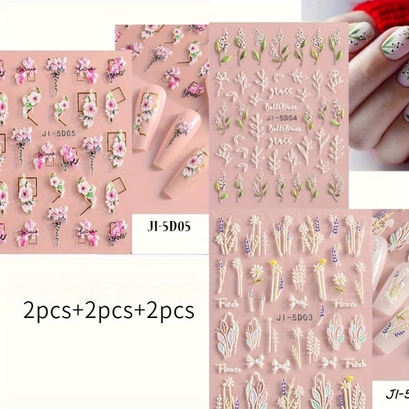 TEMU 6 Sheets Of 5d Embossed Nail Stickers Acrylic Embossed Nail Stickers Pink And White Flowers, Leaves, Cherry Adhesive Stickers Diy Nail Decorations