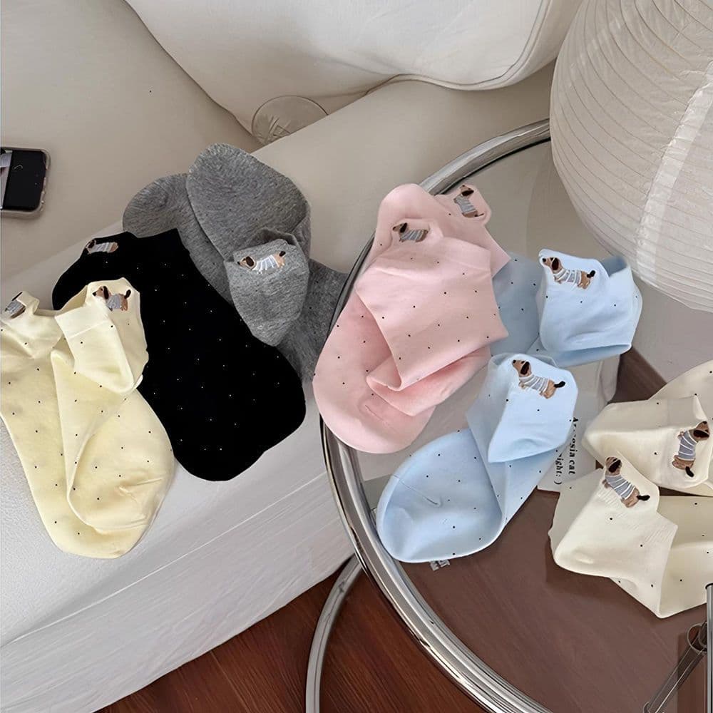 TEMU 5-pair Random Color Women's Cartoon Dachshund Short Socks, Breathable And Comfortable Ankle Socks, Suitable For Women's Summer Thin Short Socks, Outdoor Casual Socks