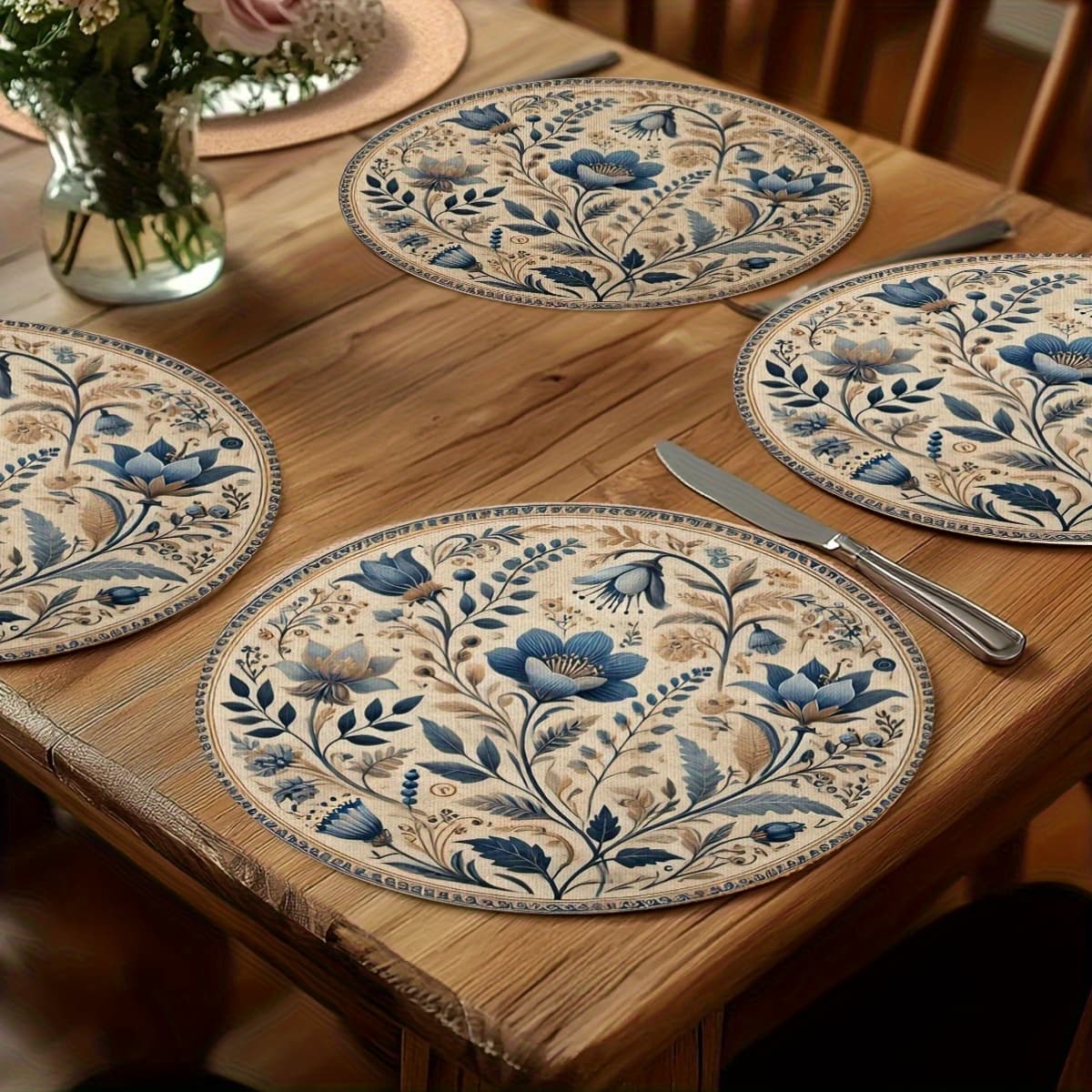 TEMU 4pcs 4ppcs And White Floral Round Placemats, Suitable For Dining Room And Kitchen Decor, Perfect For Festive Meals And Home Decoration, 15x15 Inches, Made Of