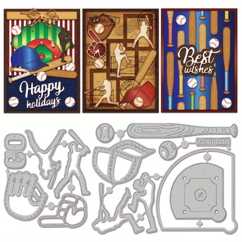 TEMU 1set 2pcs Carbon Steel Cutting Dies Stencils For Scrapbooking Photo Album Embossing Paper Card Baseball 78~131x84~95x0.8mm Craft Supplies Stickers Handmade