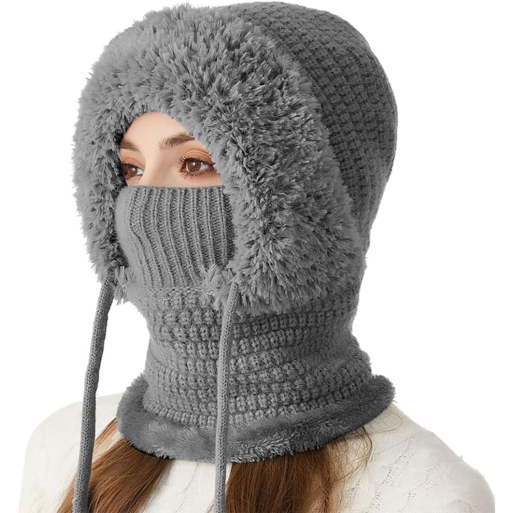 TEMU Women's Winter Hooded Scarf Face Mask Hat, Warm Breathable Hat Designed For Outdoor Activities Like Skiing, Featuring Weather And Earflap Design