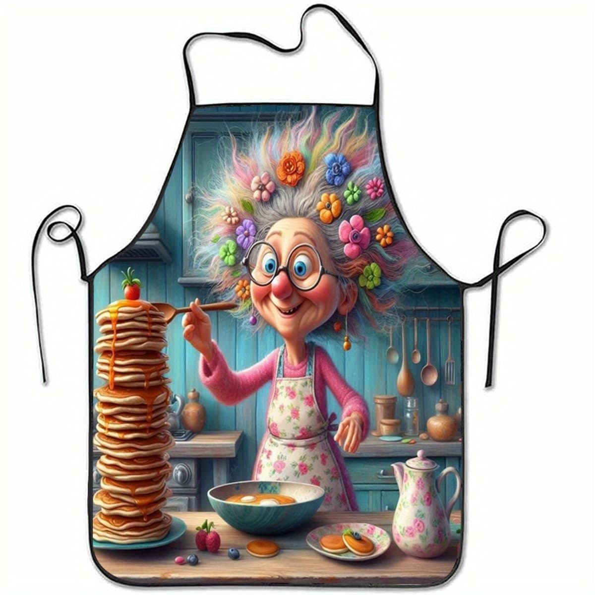 TEMU 1pc Whimsical Grandma Stacking Pancakes Print Polyester Apron - Durable Unisex Kitchen Baking Coffee Work Apron With Floral Accents, Comfortable For Home & Cafe Use, Kitchenwear