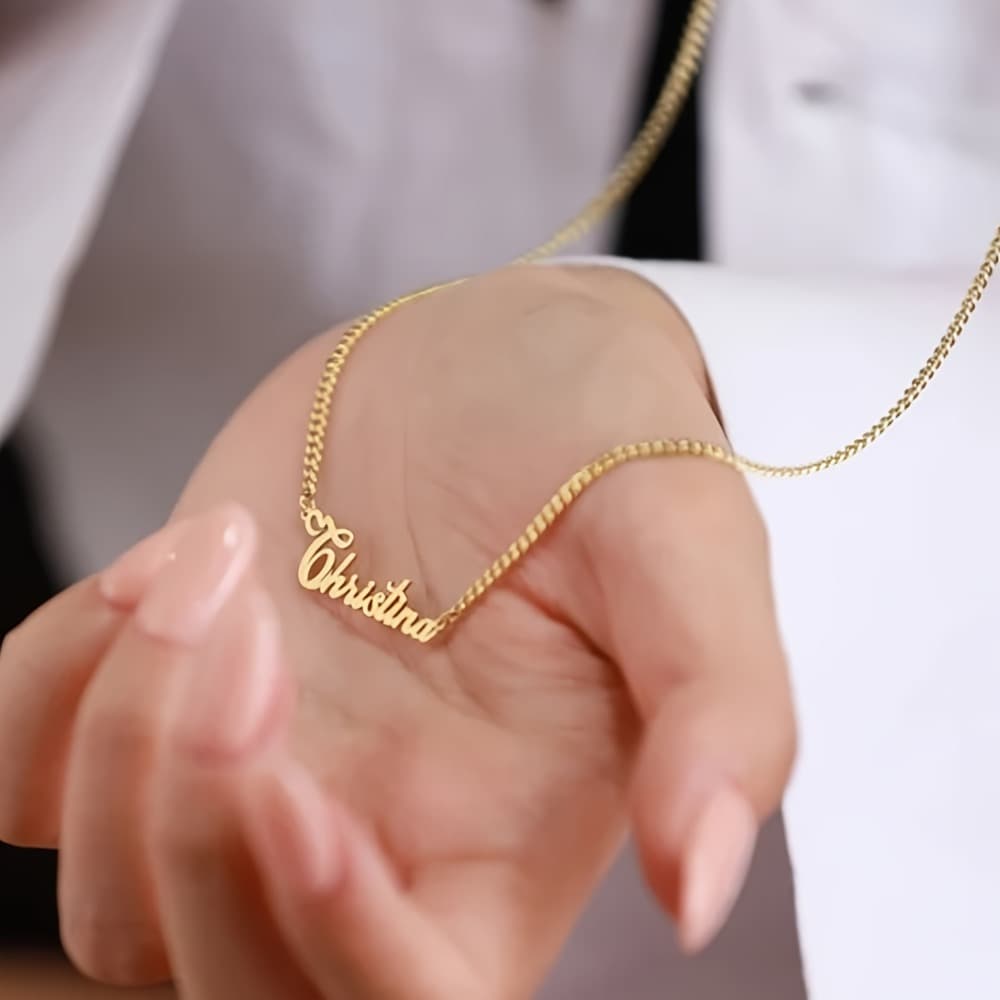 TEMU Custom Golden Stainless Steel Name Necklace - A Stylish Vintage-inspired Hand-lettered Charm, Ideal For Daily Use Or