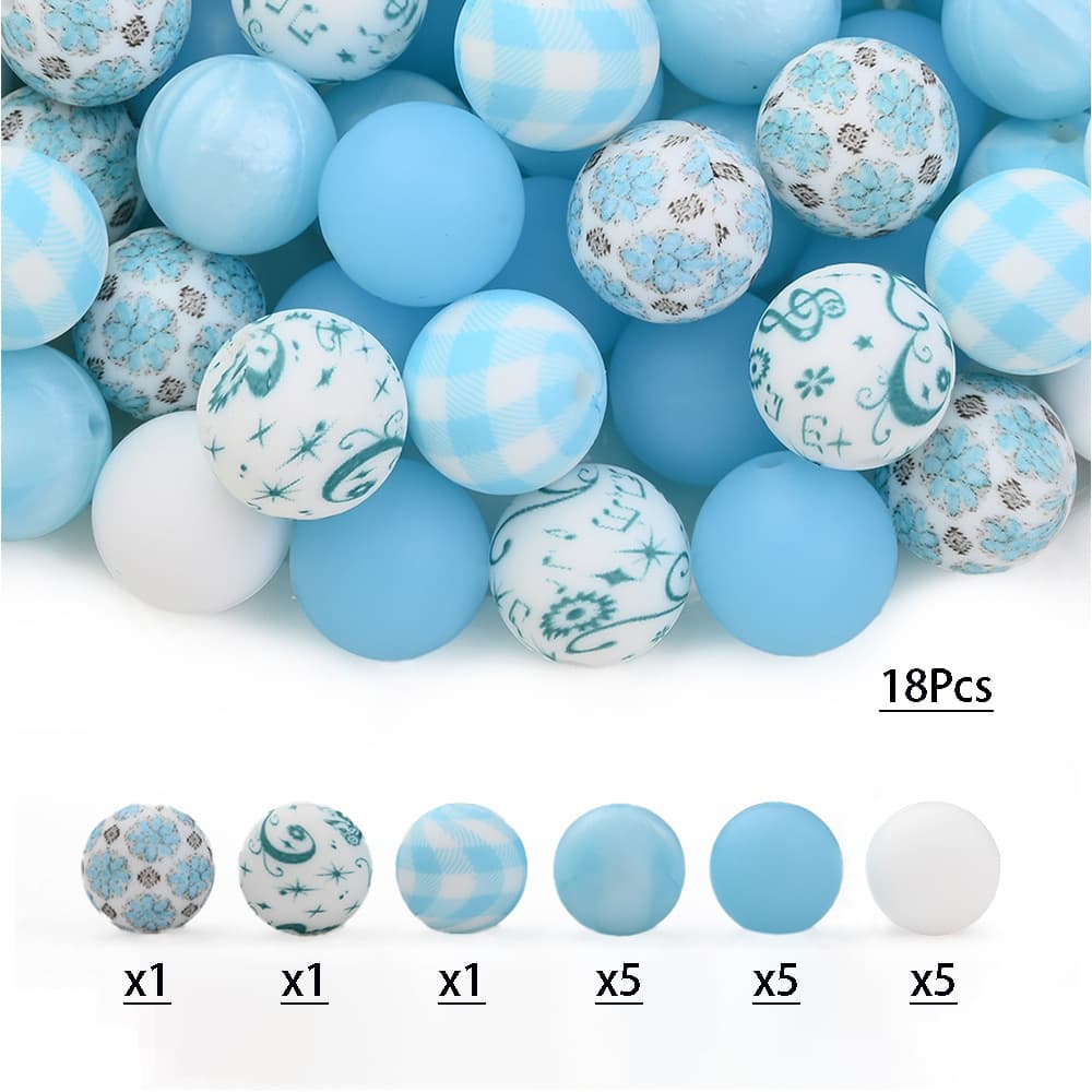 TEMU 18pcs Jewelry Making Kit For Bracelets, Beaded Pens, And Phone Charms - 15mm Silicone Beads In Blue Watermark Plaid And Solid Colors - Loose Spacer Bead Combination Set
