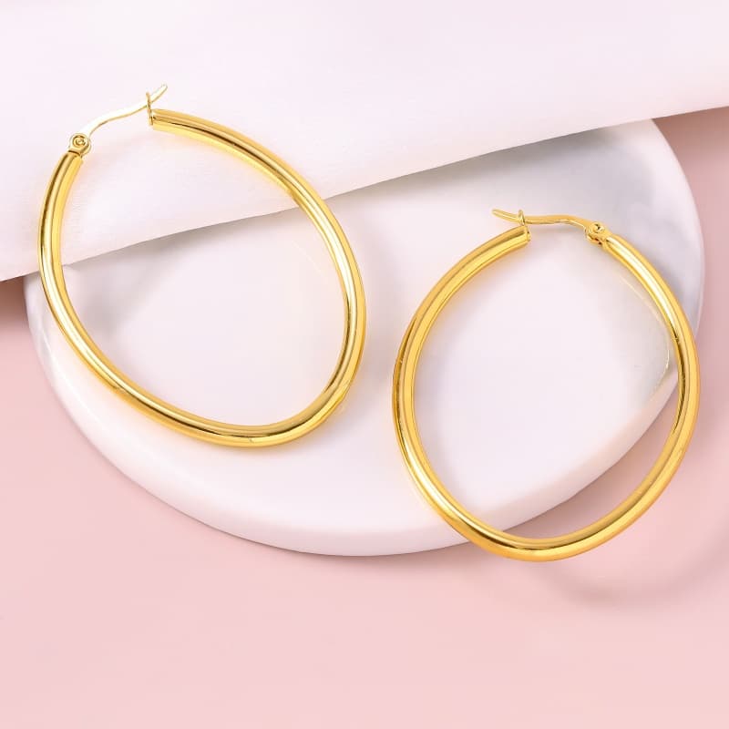 TEMU Hypoallergenic 18k Golden Plated Stainless Steel Geometric Oval Hoop Earrings For Women - Fade Resistant Minimalist Elegant Daily/party Jewelry, Exquisite Gift For On Valentine's Day & Christmas