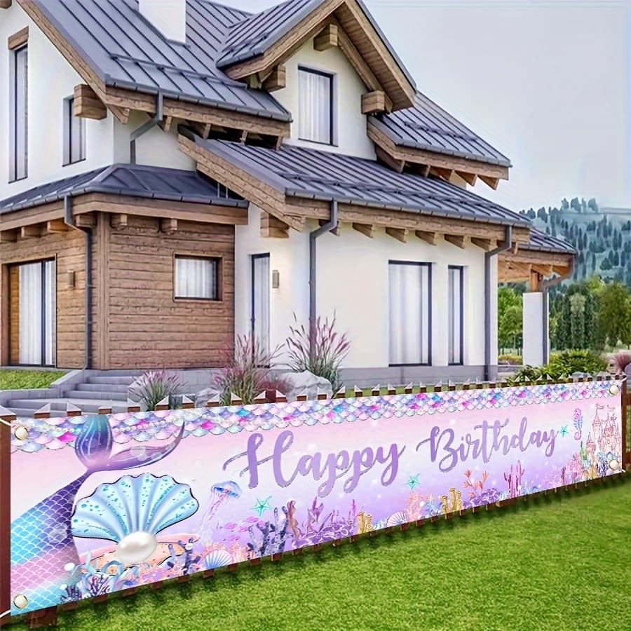 TEMU 1pc Mermaid Birthday Banner Mermaid Tail Castle Birthday Party Decoration Mermaid Birthday Banner Mermaid Theme Birthday Party Supplies