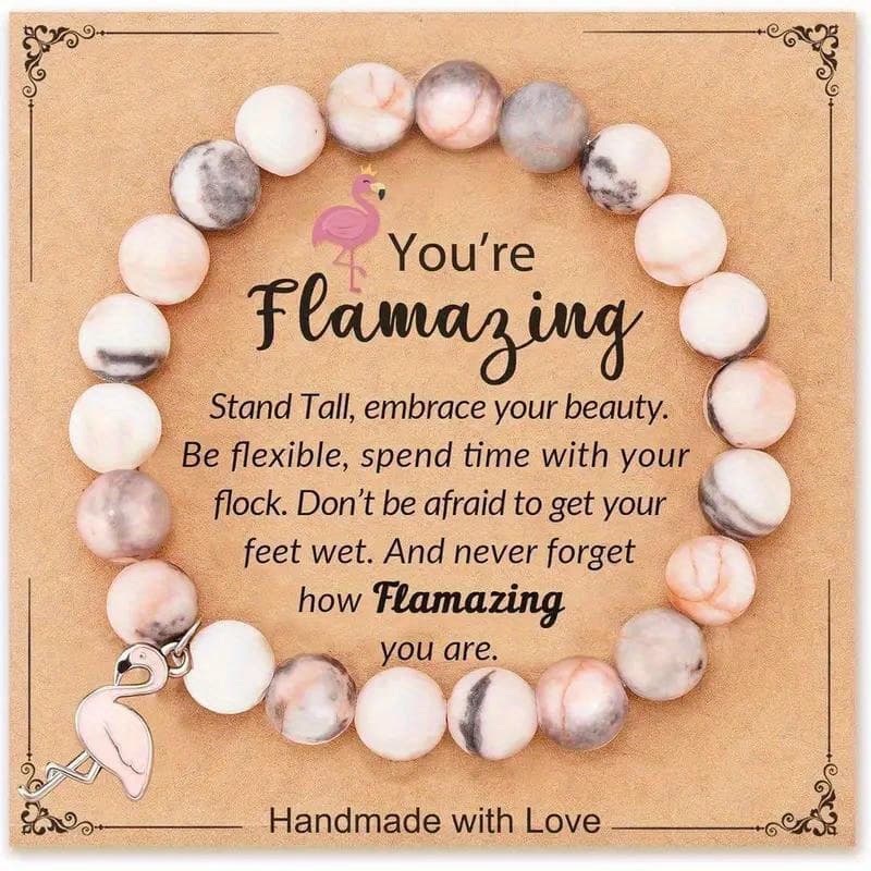 TEMU Pink Flamingo Enamel Charm Bracelet - Natural Stone Bead Friendship Gift For Women & Bestie