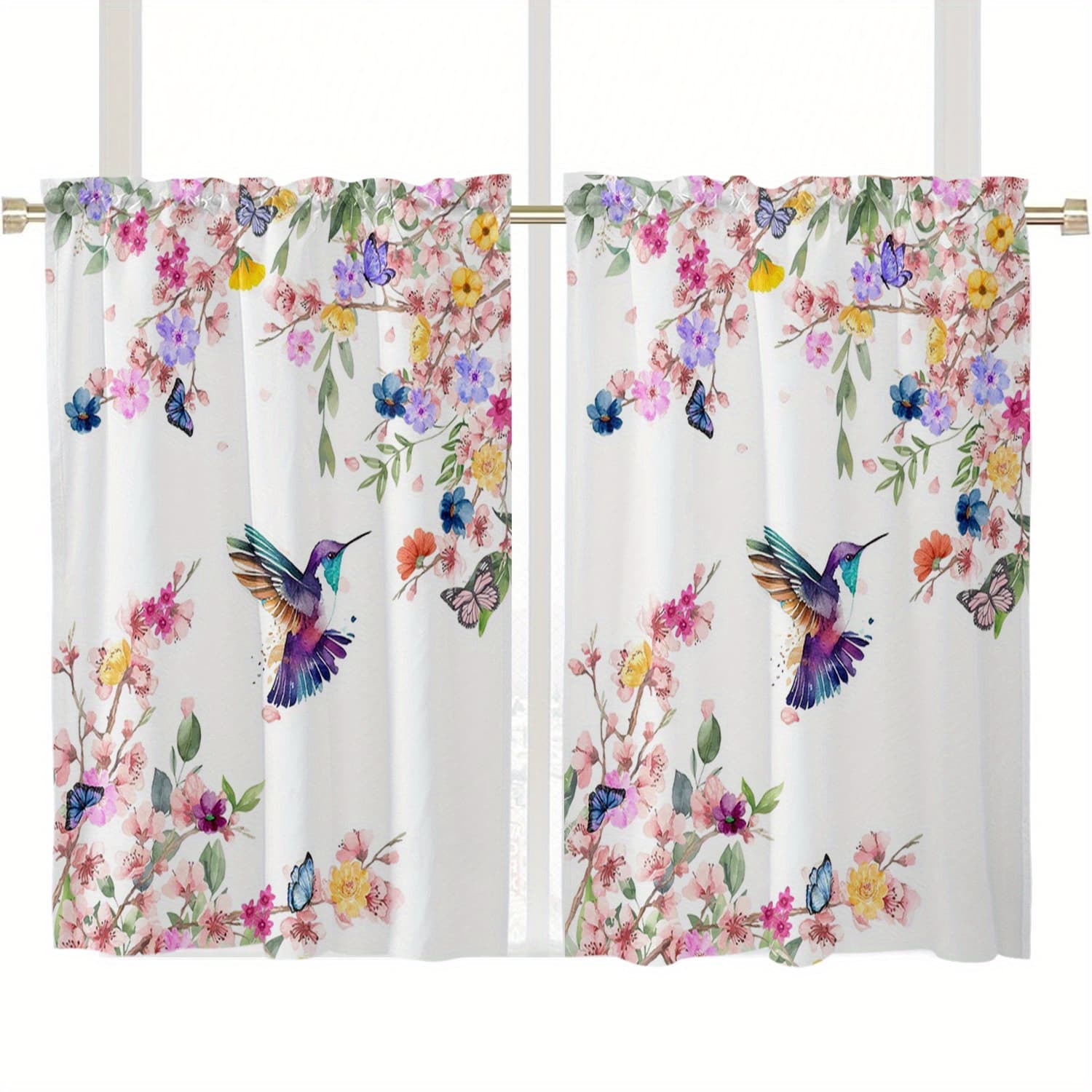 TEMU 2pcs Watercolor Floral Hummingbird Pattern Small Curtains, Kitchen Curtains Bedroom Window Short Curtains Home Decor For Kitchen Bedroom Living Room Window Decoration And Aesthetic Enhancement