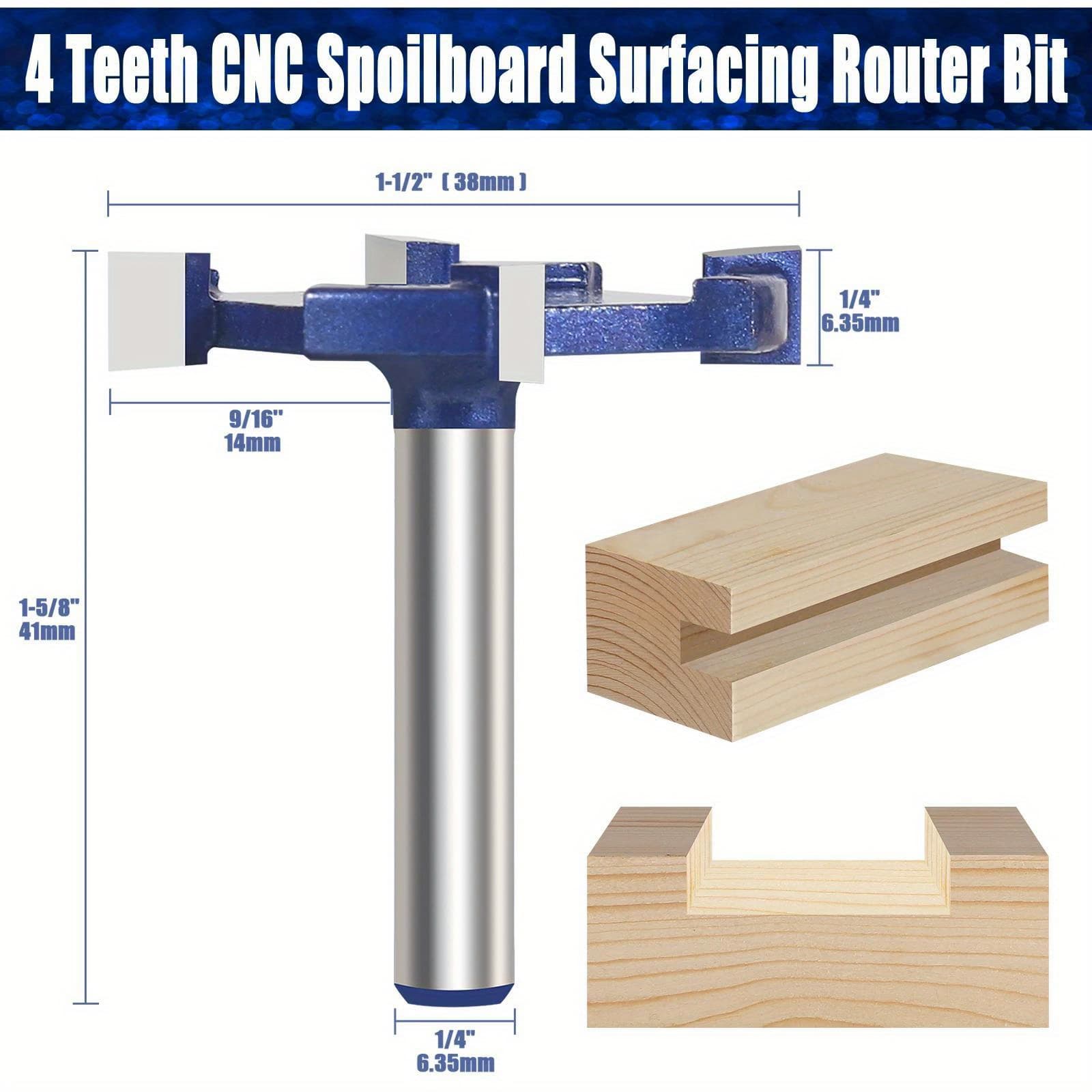 TEMU 1pc 1/4'' Shank 4 Carbide Teeth Cnc Spoilboard Surfacing Router Bit For Slab Flattening Wood Bit Planer Bit