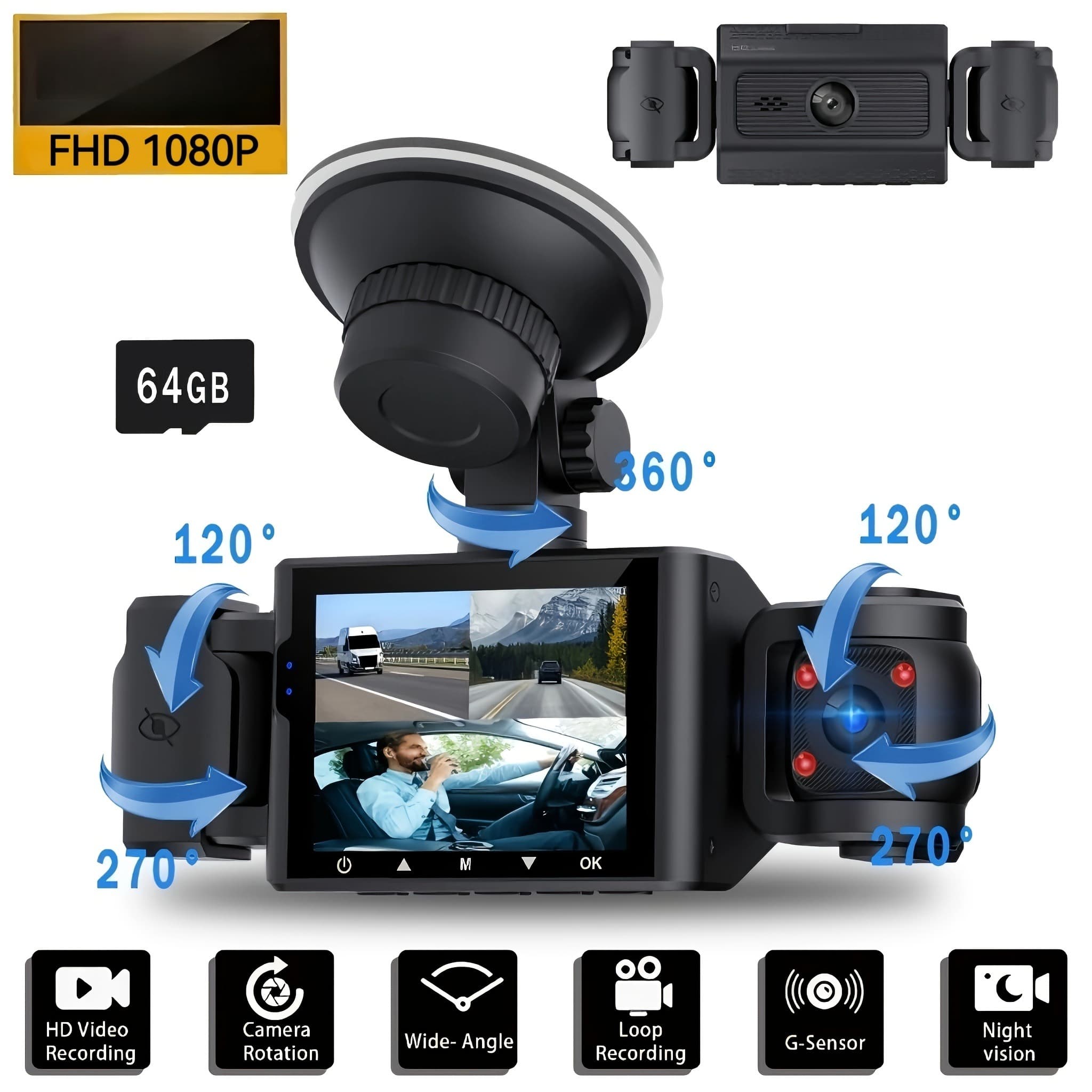 TEMU 3-channel 360° Dash Camera For Vehicles | 1080p Front And 720p Side , Night Vision, Wdr, 2.4" Ips Display, Loop Recording, , 24-hour Parking Mode, Optional 64gb Memory Card, Without Battery