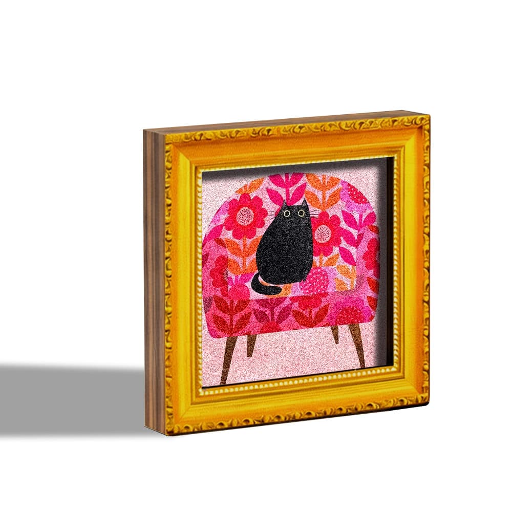 TEMU 1 Cute Black Cat Refrigerator Magnet | Wooden Mini Decorative Painting With Pink Floral Armchair, Home Office Decor, Kitchen Accessory, Holiday Gift, Fully Magnetic Back
