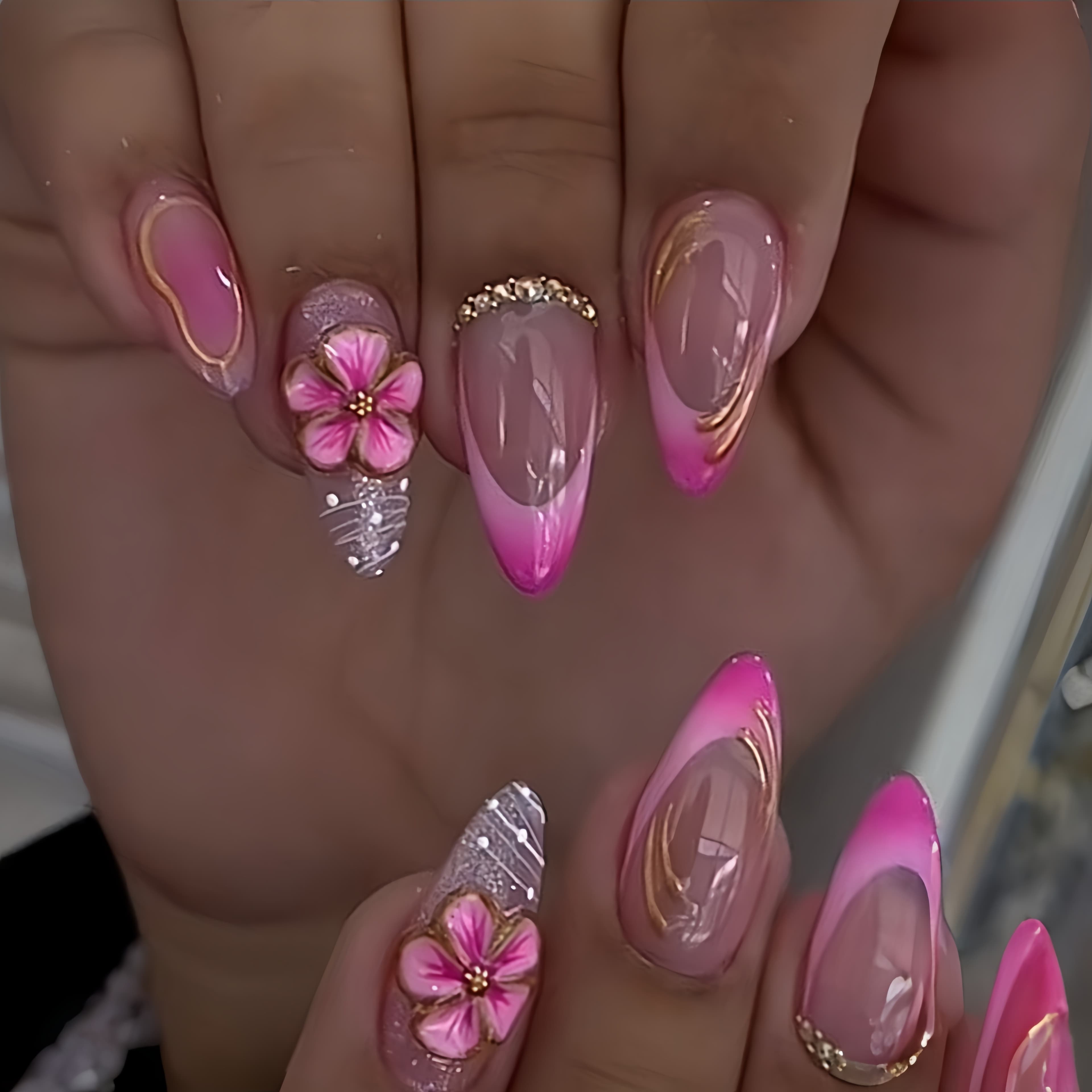 TEMU 24pcs Pink 3d Embossed Pattern Design Almond Nails Nails Women's Nails Flower Stripe Pattern Press-on Nails Removable False Nails High-quality Nails