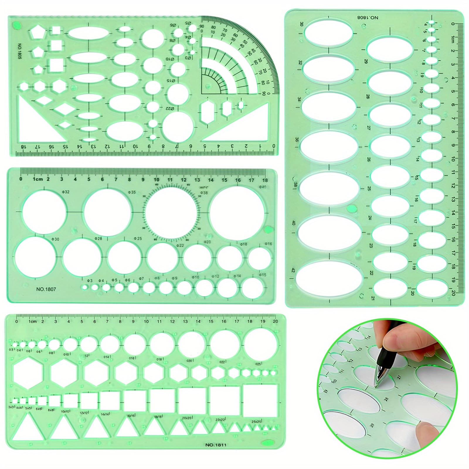 TEMU Plastic Circular Drawing Template Set, Transparent Graduated Measuring Ruler Template With Rounded Corners Drawing And Geometric Digital Drawing 4pcs Set