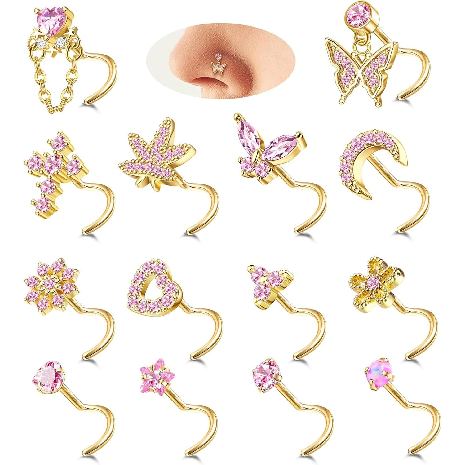 TEMU 14pcs Nose Rings Nose Studs For Women Nose Piercings 20g L Shaped Corkscrew Dangle Nose Rings Studs Simulated Piercing Jewelry With Flower Cross Moon Charm Cute Dainty Nose Jewelry